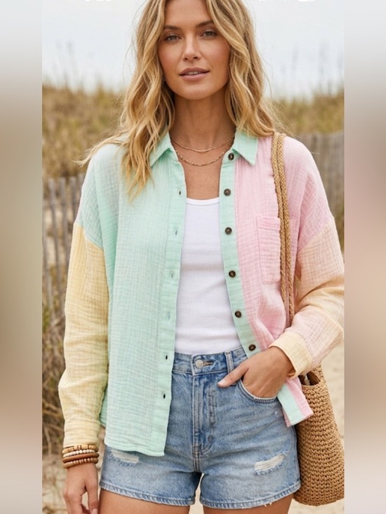 Simply Southern Tops - Simply Southern Color Block Gauze Button Down Pineapple Top – Medium